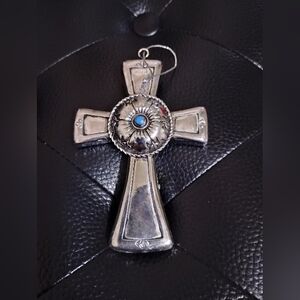 Silver Tone Cross Pendant / Ornament with Blue Accent Holiday Decorations
